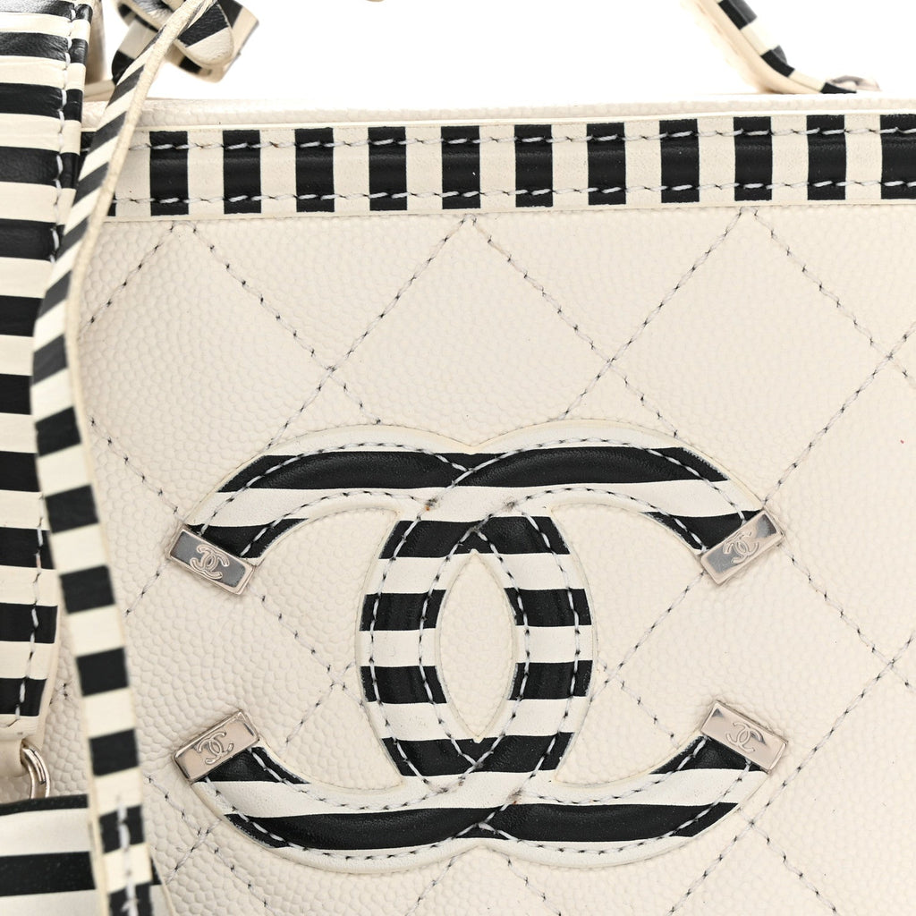Caviar Quilted Striped Small CC Filigree Vanity Case White Black