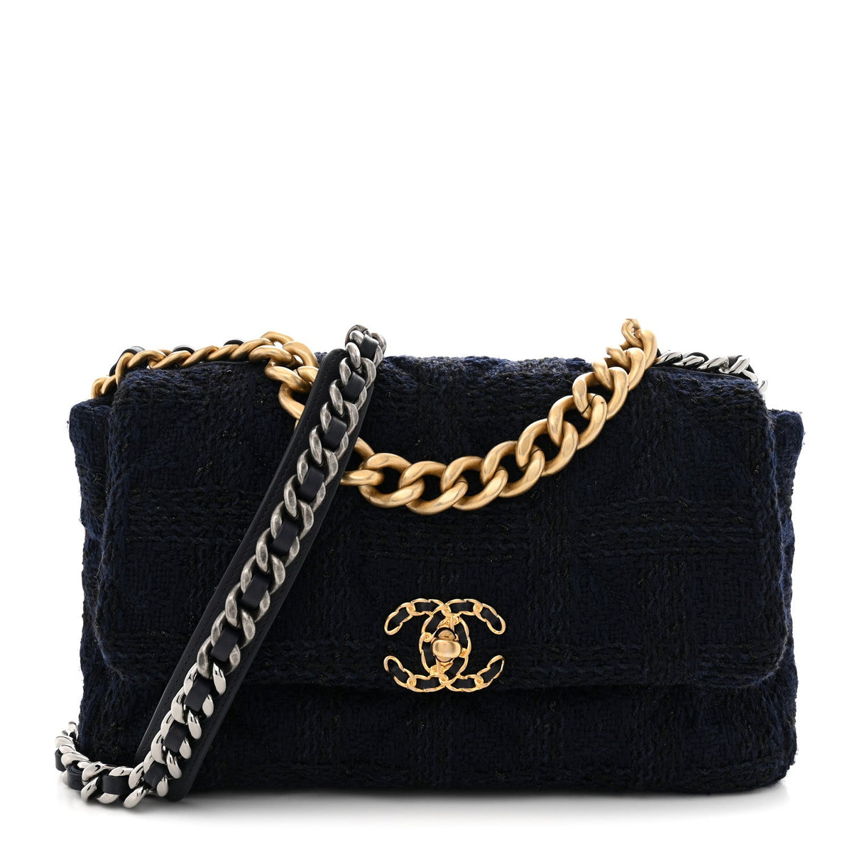 Tweed Quilted Large Chanel 19 Flap Navy Blue
