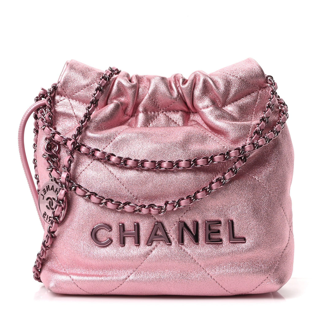 Metallic Lambskin Lacquered Monochrome Quilted Mini Chanel 22 Pink