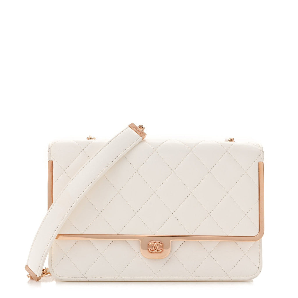 Lambskin Quilted Frame Wallet On Chain WOC White