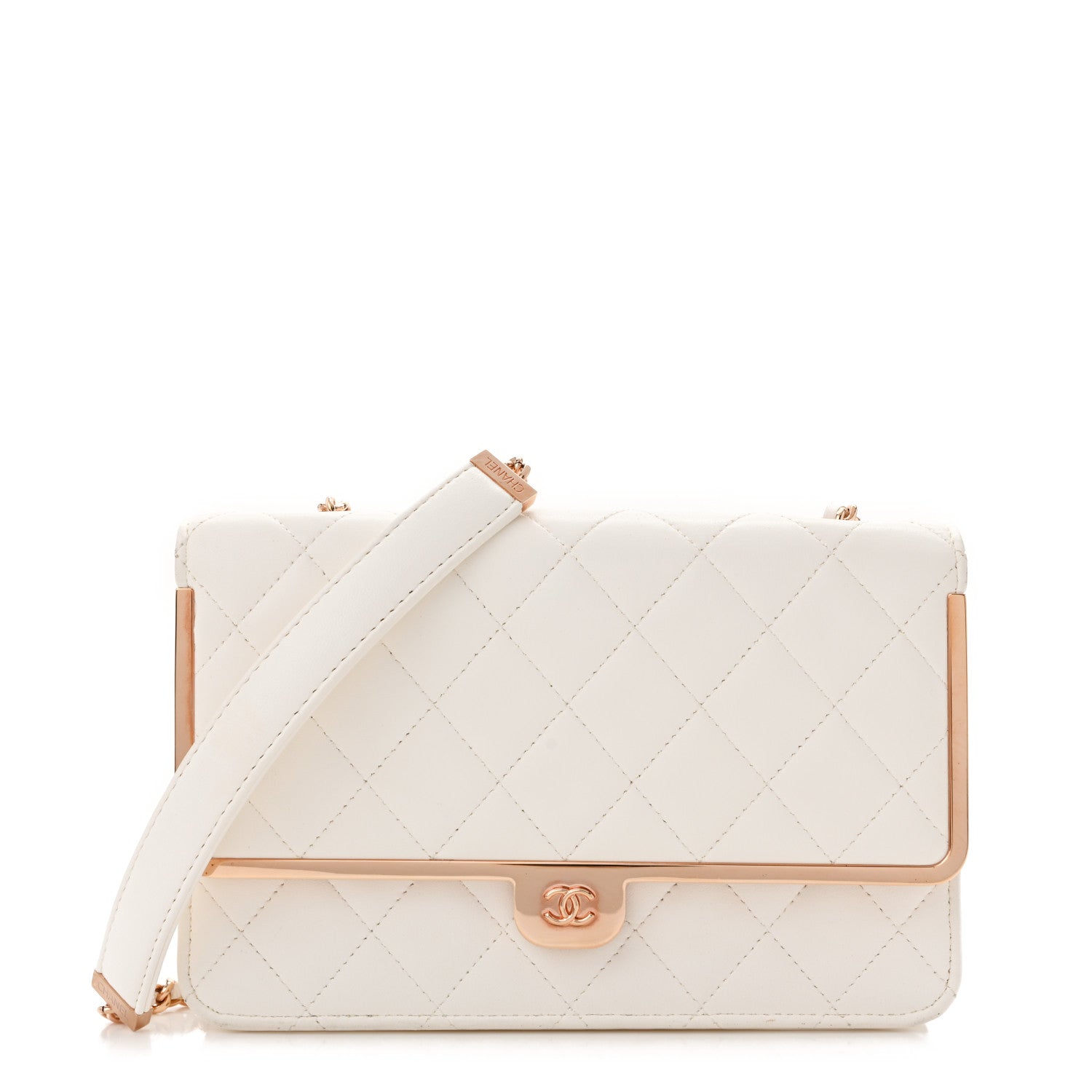 Lambskin Quilted Frame Wallet On Chain WOC White