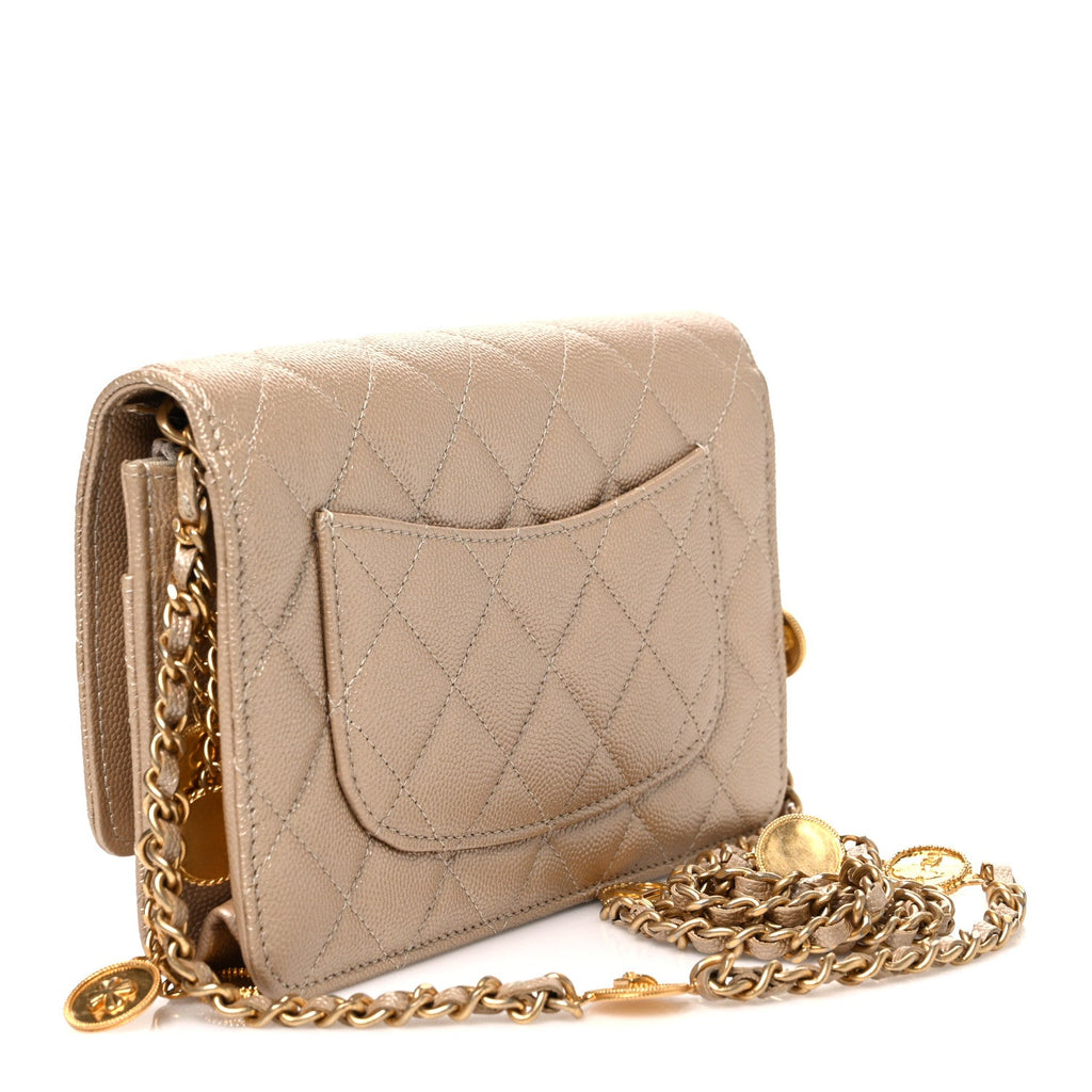 Metallic Caviar Quilted Coin Wallet On Chain WOC Gold