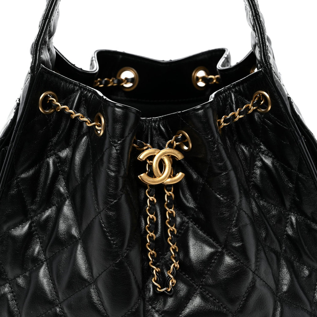 Shiny Crumpled Calfskin Quilted Small Chanel 25 Handbag Black
