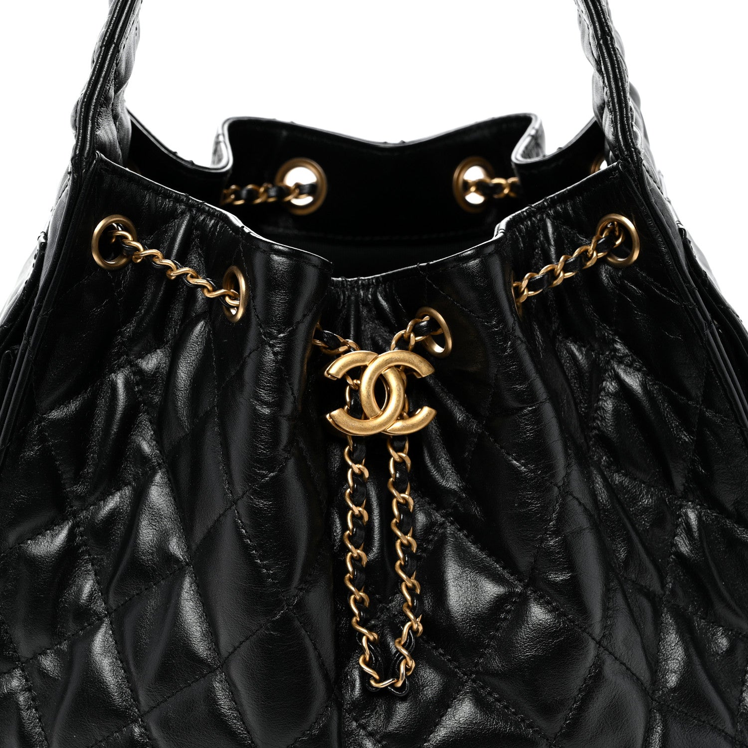 Shiny Crumpled Calfskin Quilted Small Chanel 25 Handbag Black