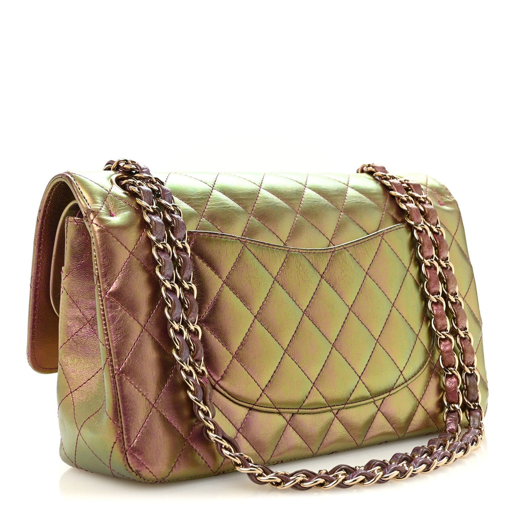 Iridescent Lambskin Quilted Medium Double Flap Purple