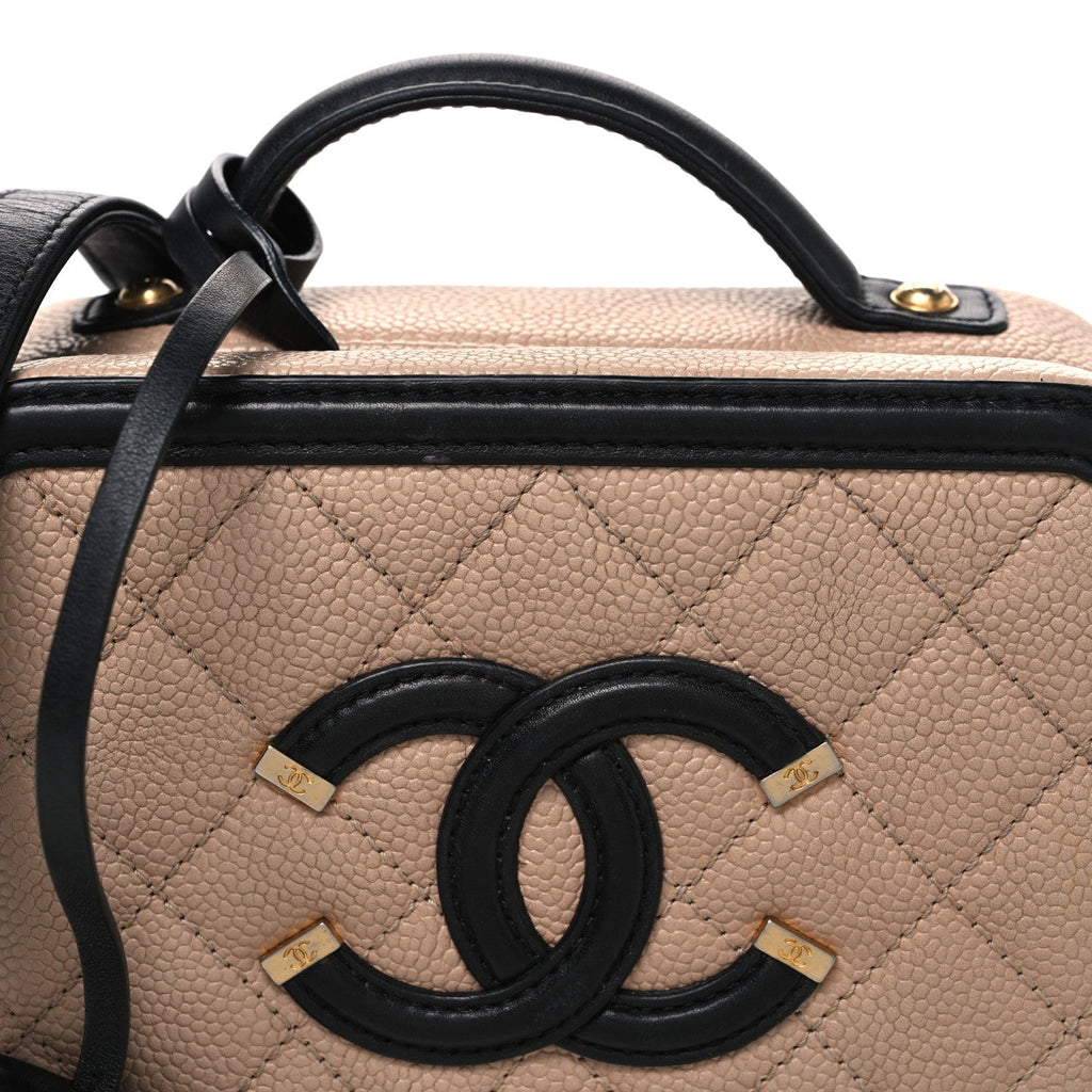 Caviar Quilted Small CC Filigree Vanity Case Beige Black