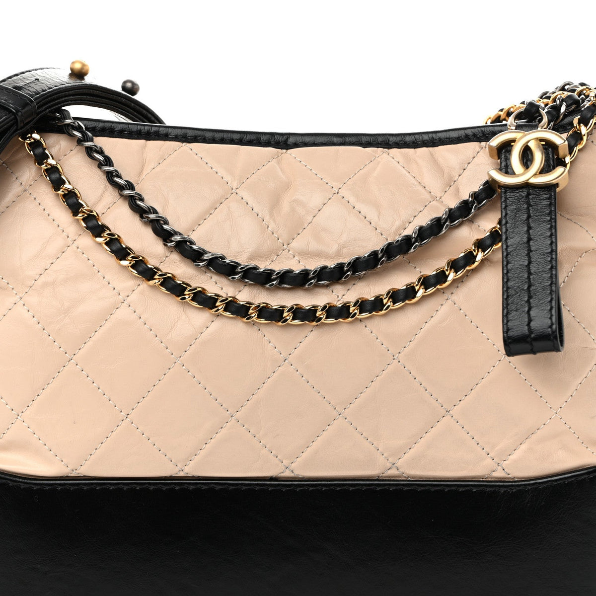 Aged Calfskin Quilted Medium Gabrielle Hobo Beige Black