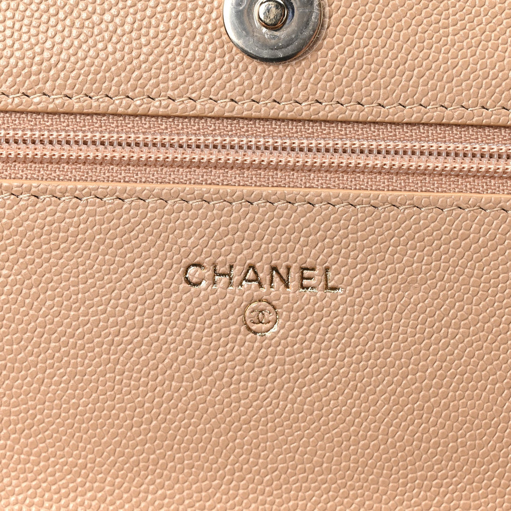 Caviar Quilted Crystal CC Wallet On Chain WOC Beige
