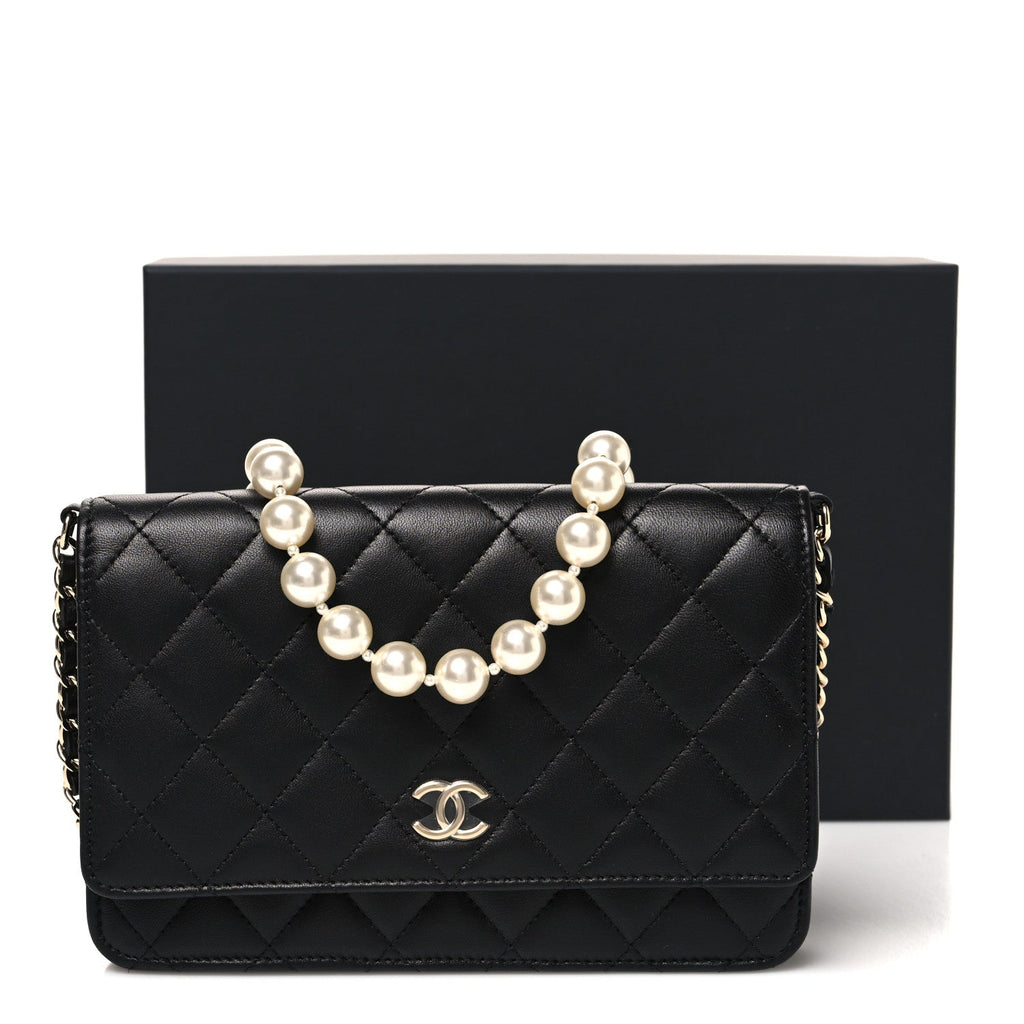 Lambskin Quilted Pearl Wallet On Chain WOC Black
