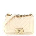 Caviar Chevron Quilted Small Boy Flap White