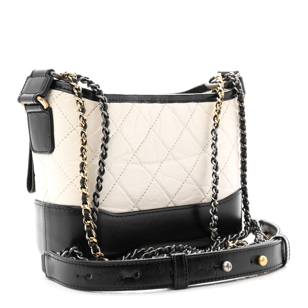 Aged Calfskin Quilted Small Gabrielle Hobo Black White