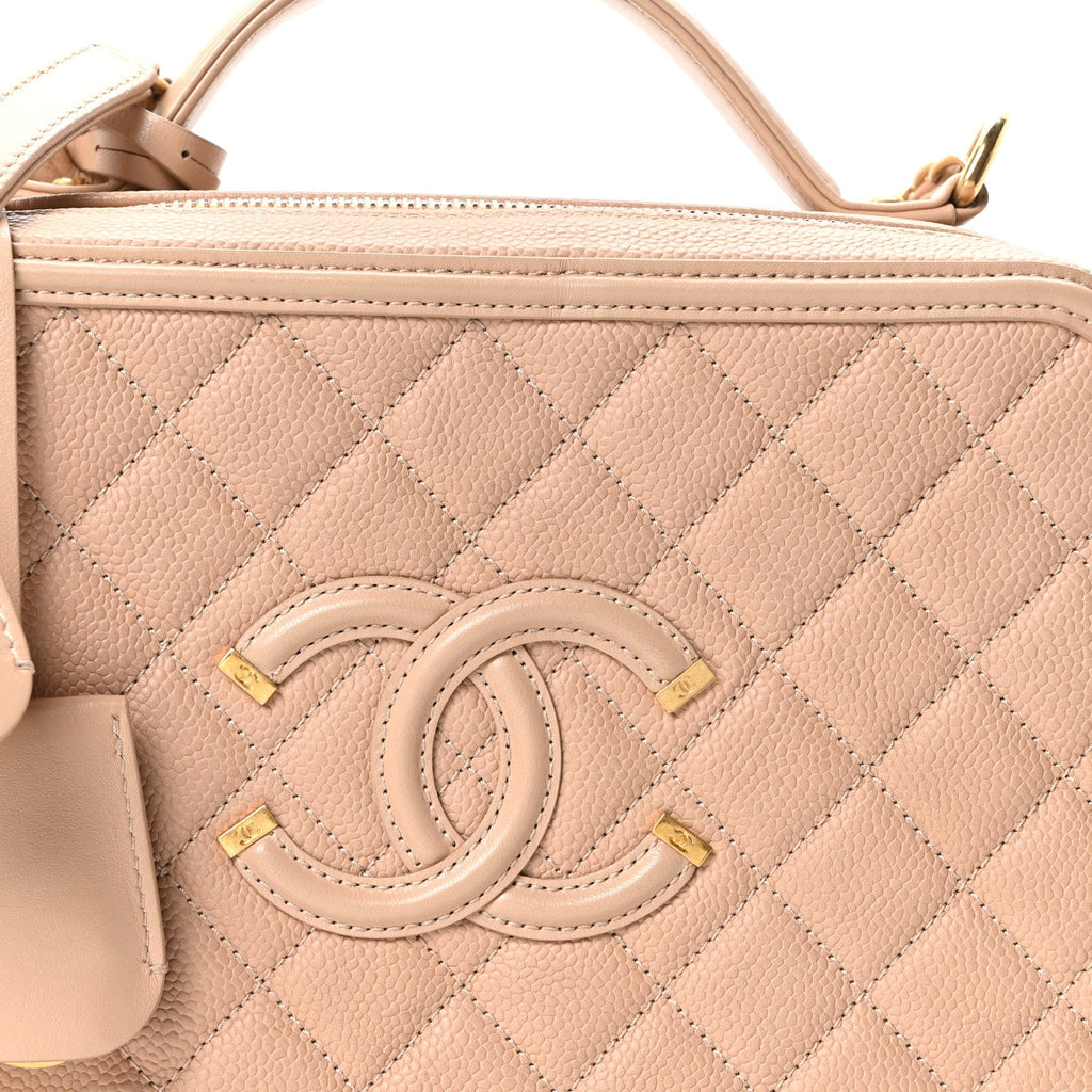 Caviar Quilted Large CC Filigree Vanity Case Beige