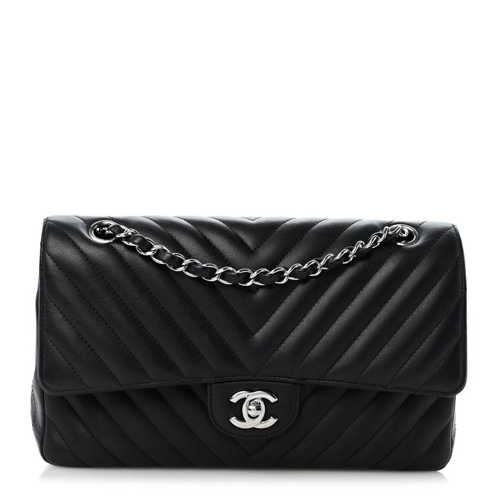 Lambskin Chevron Quilted Medium Double Flap Black