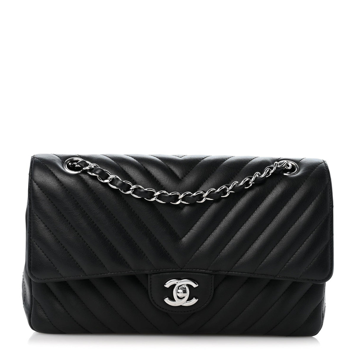 Lambskin Chevron Quilted Medium Double Flap Black