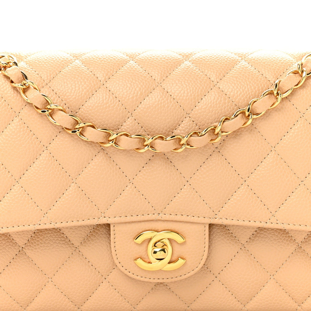 Caviar Quilted Medium Double Flap Beige