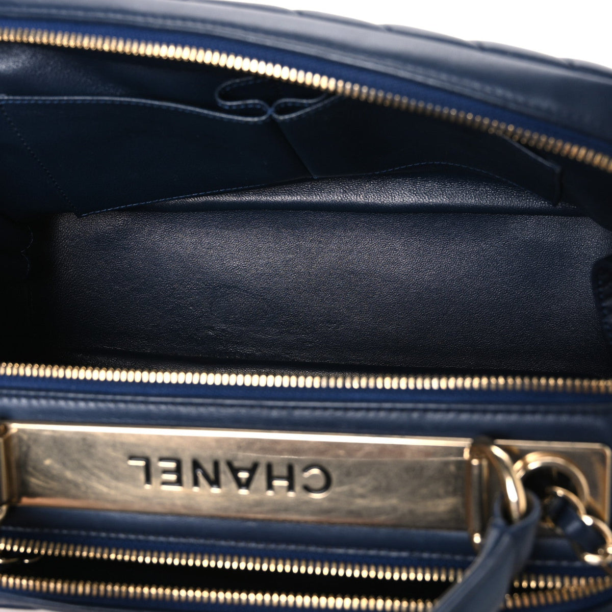 Lambskin Chevron Quilted Small Trendy CC Bowling Bag Navy Blue