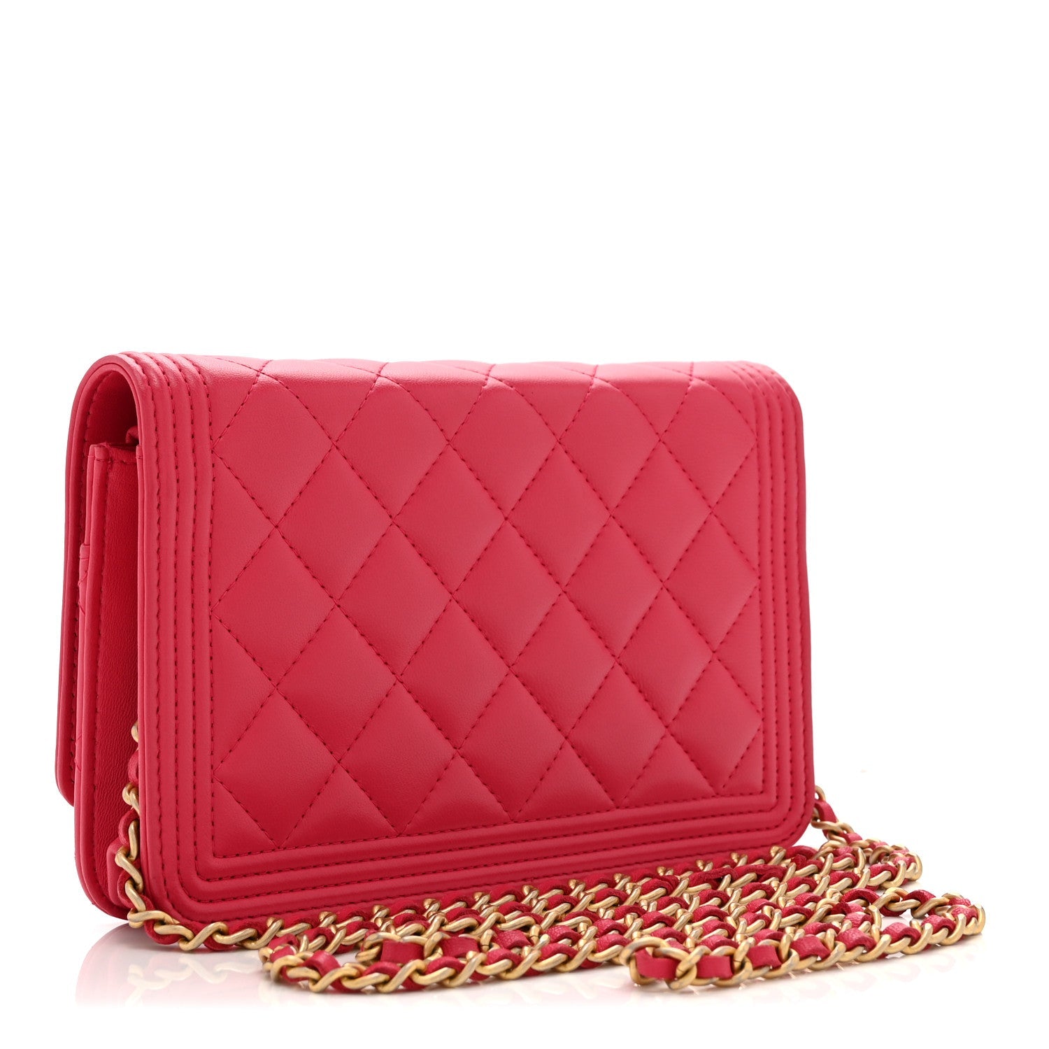 Lambskin Quilted Boy Wallet On Chain WOC Dark Pink