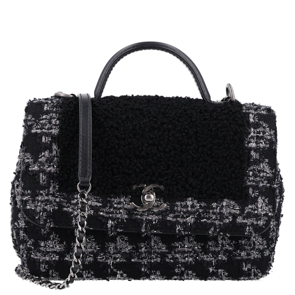 Shearling Tweed Medium Handle Boy Flap Black Grey