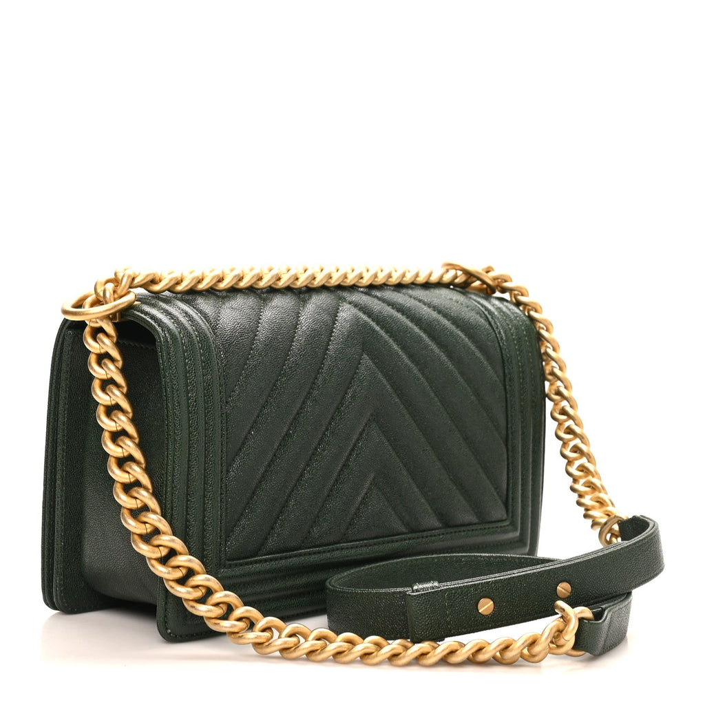 Caviar Chevron Quilted Medium Boy Flap Dark Green