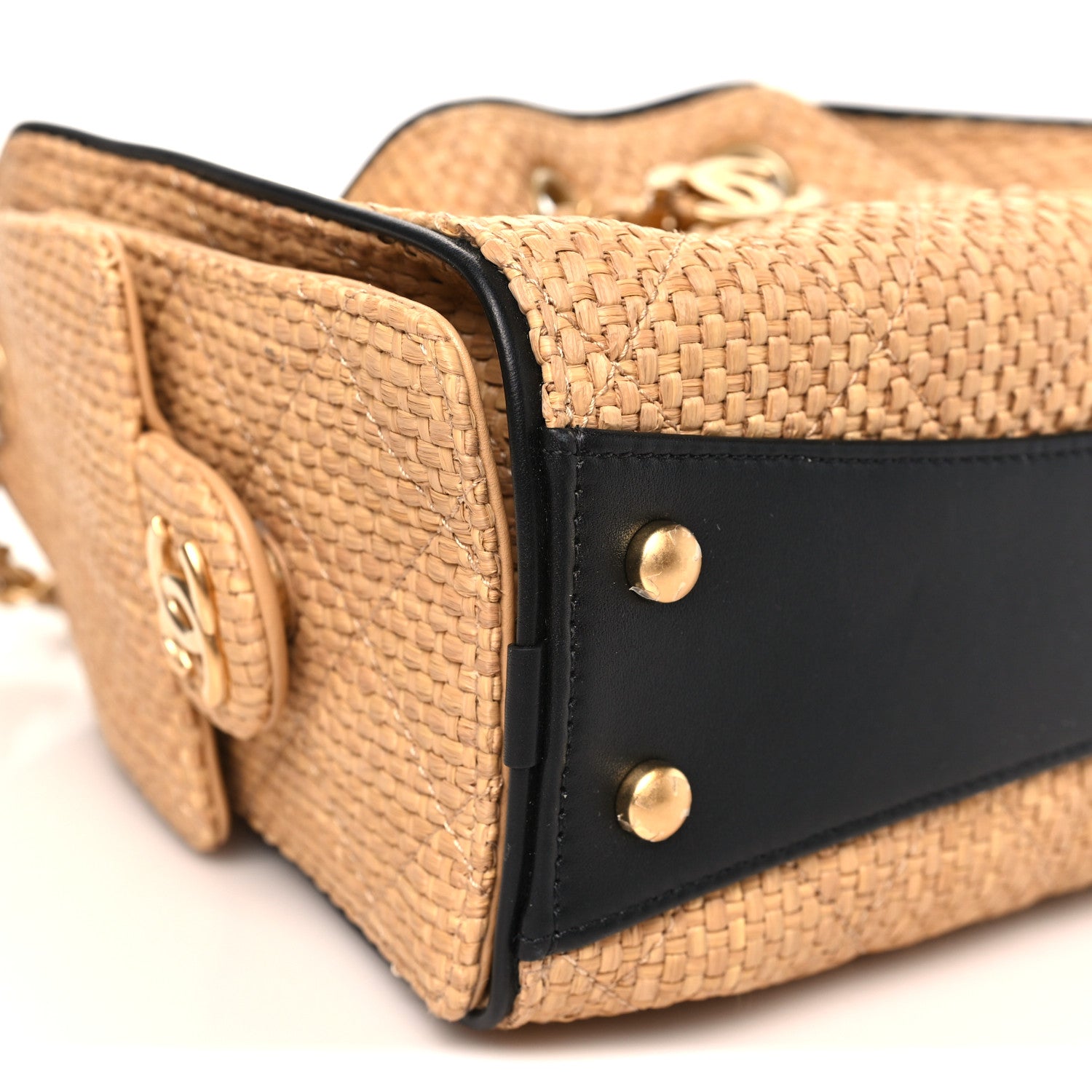 Braided Raffia Calfskin Quilted Mini Chanel 25 Handbag Beige Black