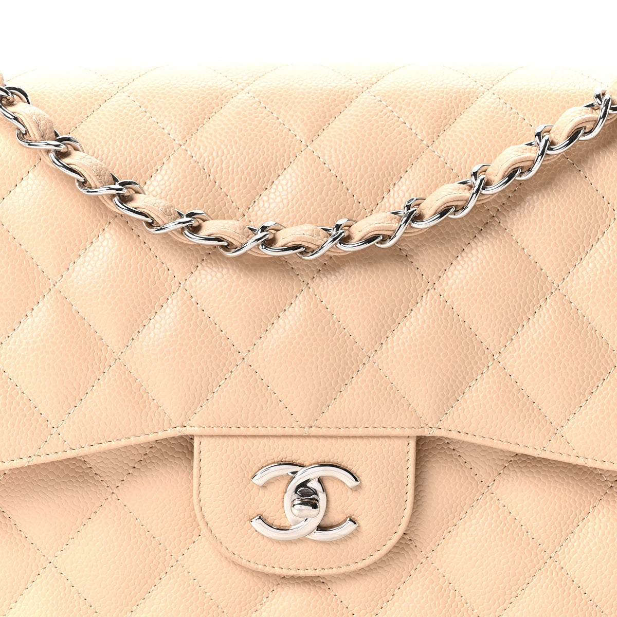 Caviar Quilted Jumbo Double Flap Beige Clair