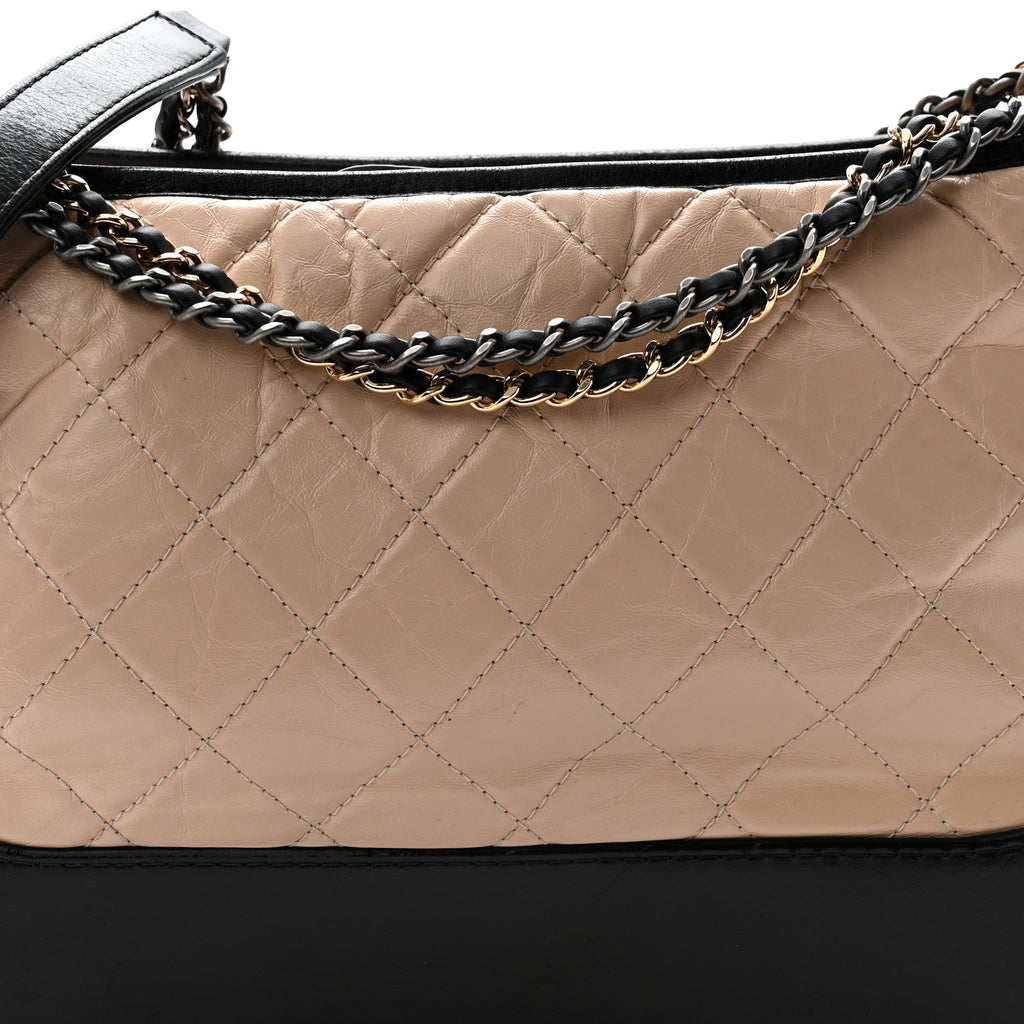 Aged Calfskin Quilted Medium Gabrielle Hobo Beige Black