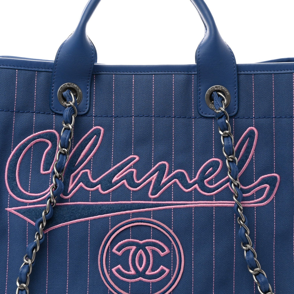 Canvas Calfskin Striped Medium Deauville Tote Blue