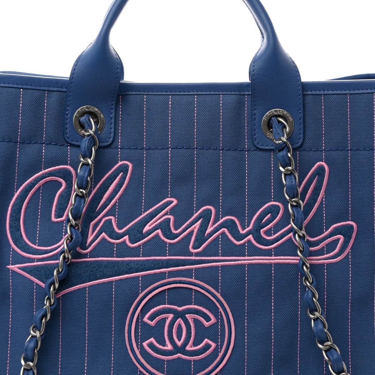 Canvas Calfskin Striped Medium Deauville Tote Blue