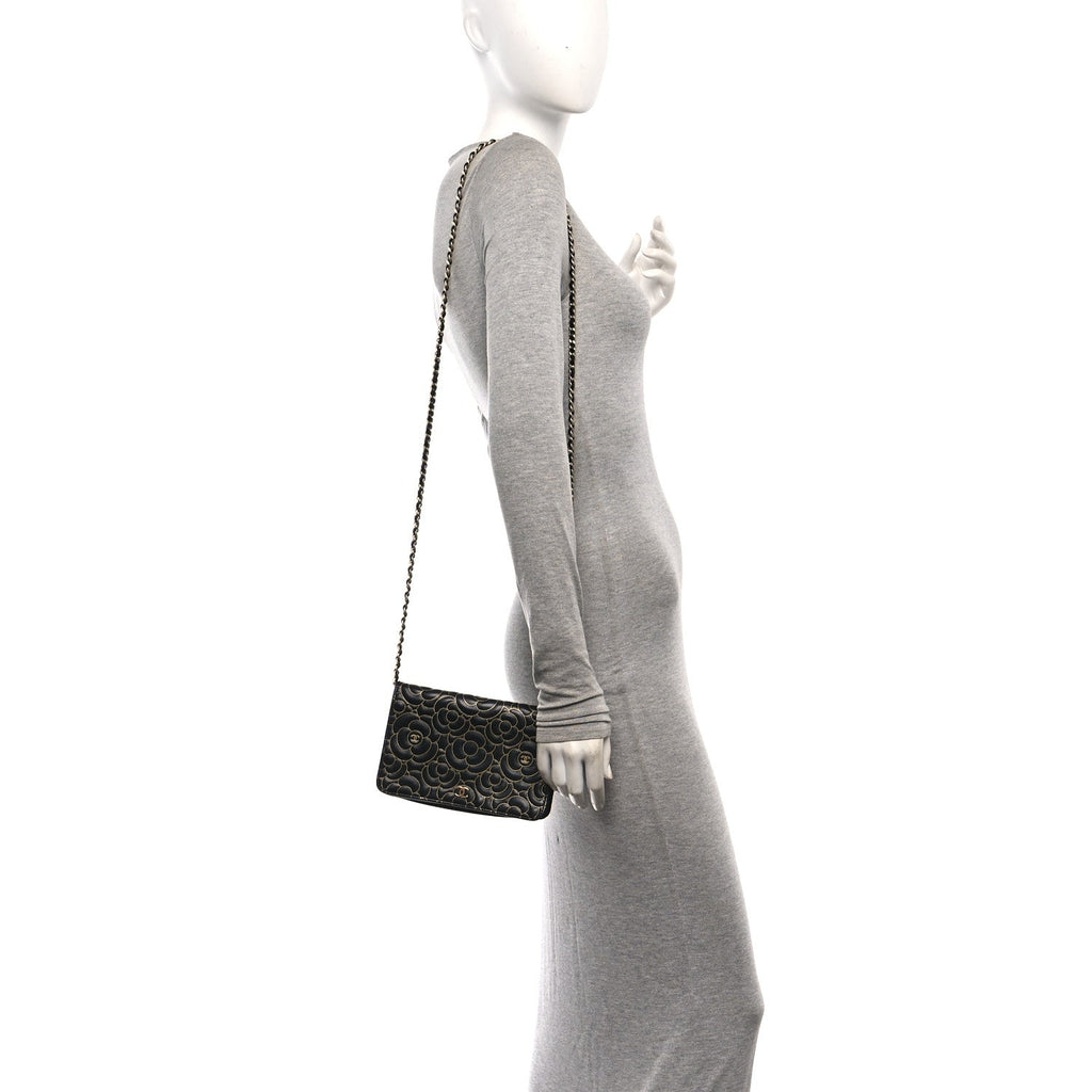 Lambskin Camellia Embossed Wallet On Chain WOC Black Gold