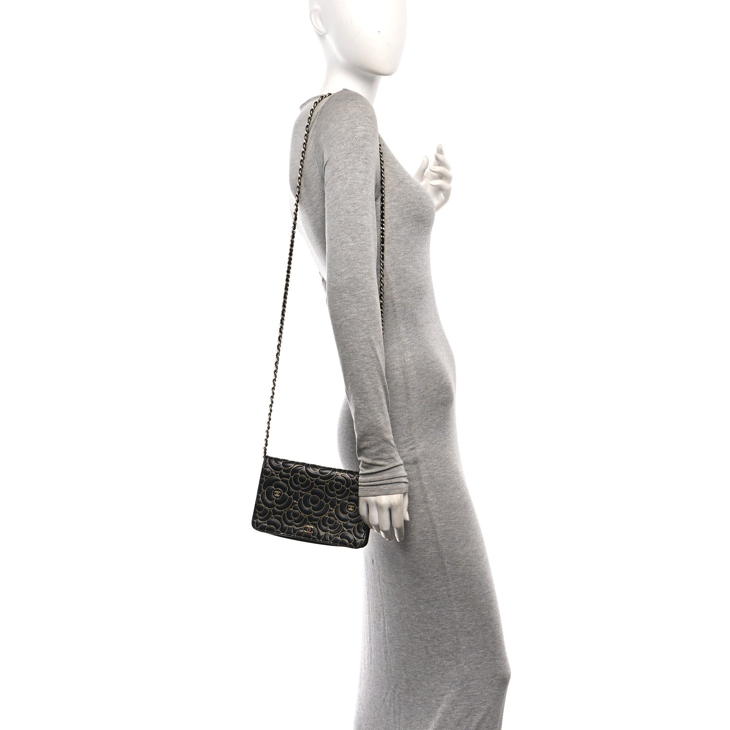 Lambskin Camellia Embossed Wallet On Chain WOC Black Gold