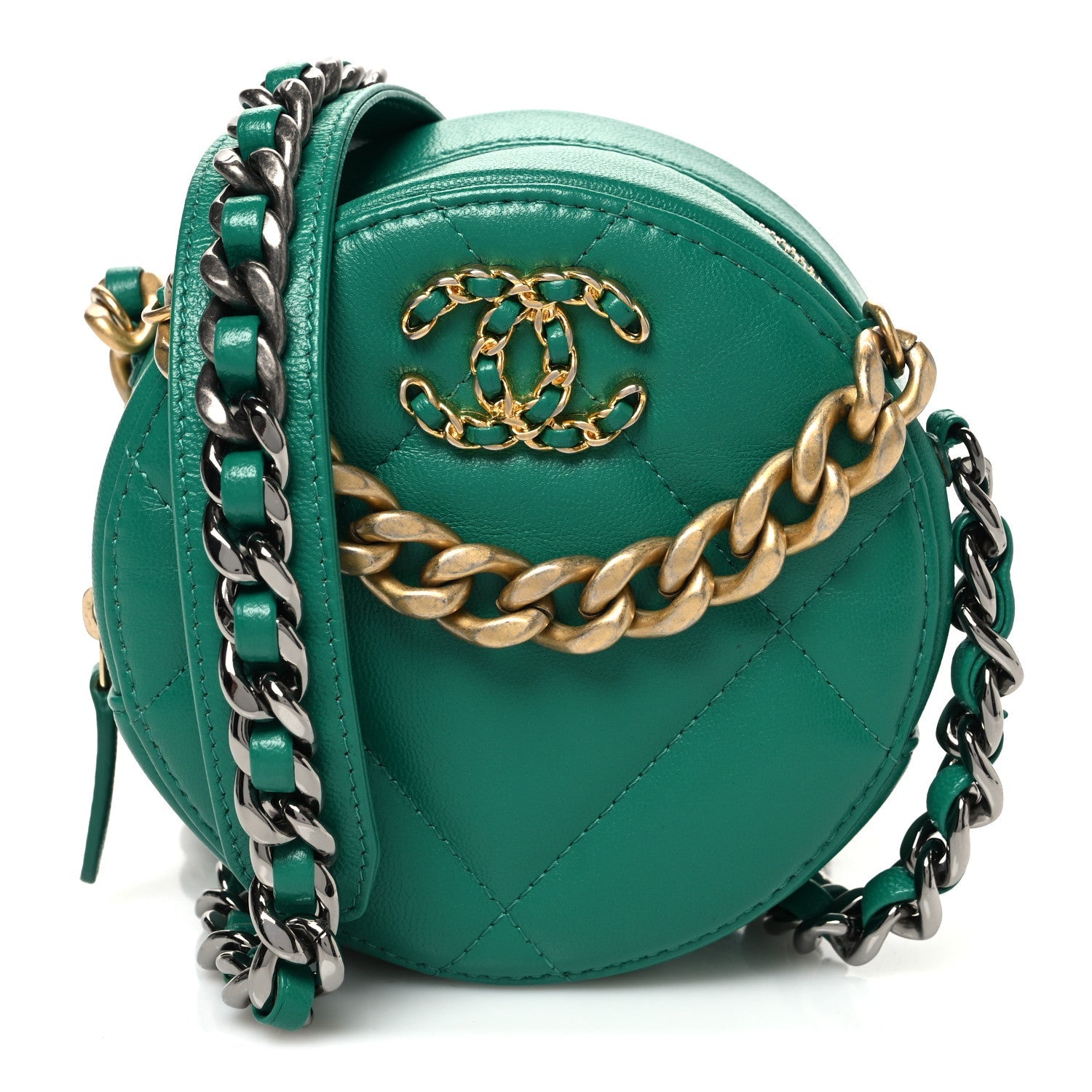 Lambskin Quilted Chanel 19 Round Clutch With Chain Green