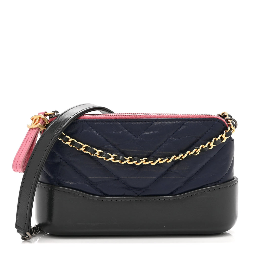 Aged Calfskin Chevron Quilted Small Gabrielle Clutch With Chain  Navy Black Pink