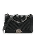 Wrinkled Lambskin Chevron Quilted New Medium Boy Flap Navy Blue