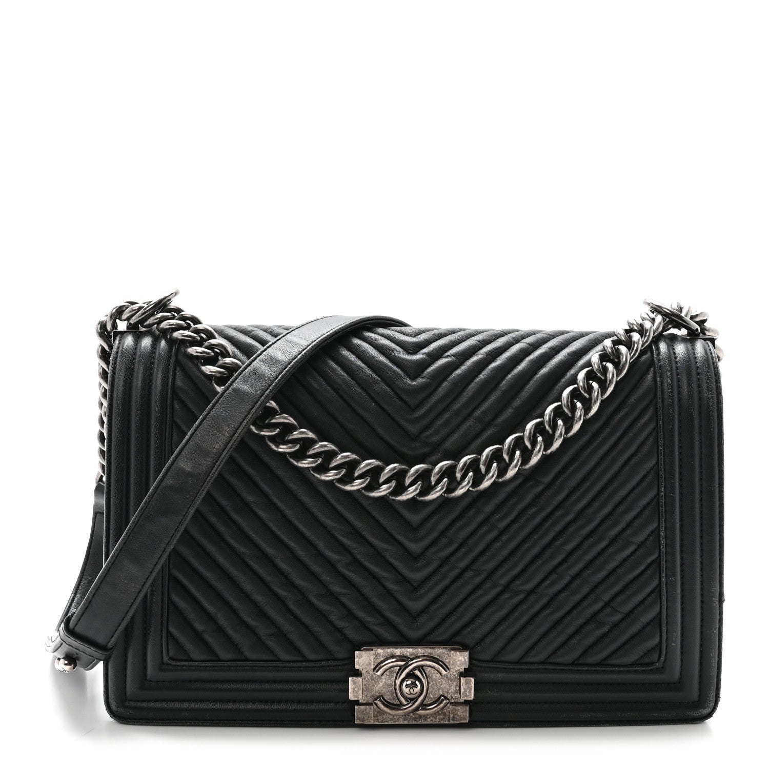 Wrinkled Lambskin Chevron Quilted New Medium Boy Flap Navy Blue