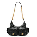 Shiny Lambskin Quilted Trendy Pockets Hobo Black