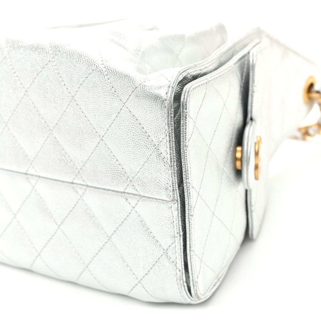 Metallic Caviar Quilted Small Chanel 25 Handbag Silver