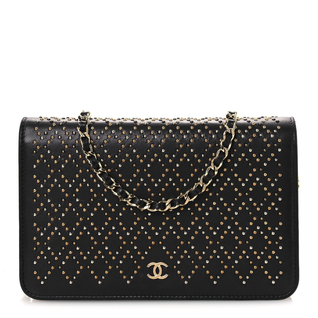 Lambskin Studded Wallet on Chain WOC Grey
