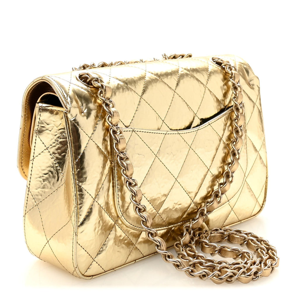 Hammered Metallic Calfskin Quilted Small Double Flap Gold