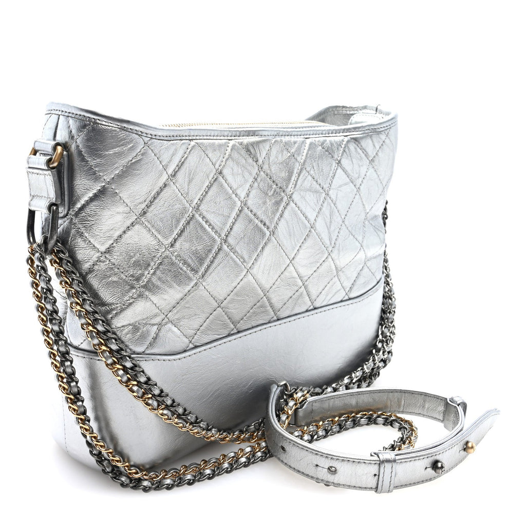 Metallic Aged Calfskin Quilted Medium Gabrielle Silver