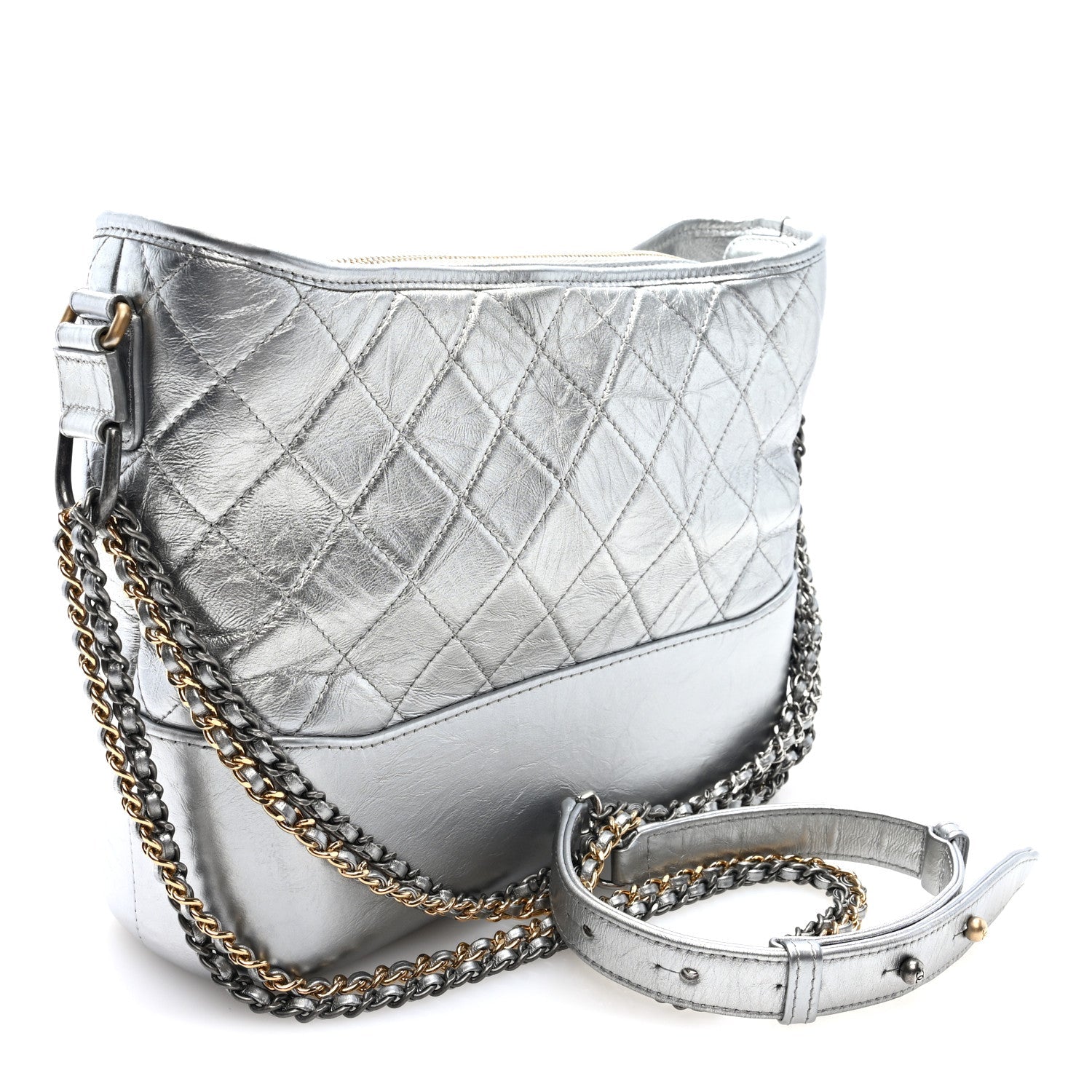 Metallic Aged Calfskin Quilted Medium Gabrielle Silver