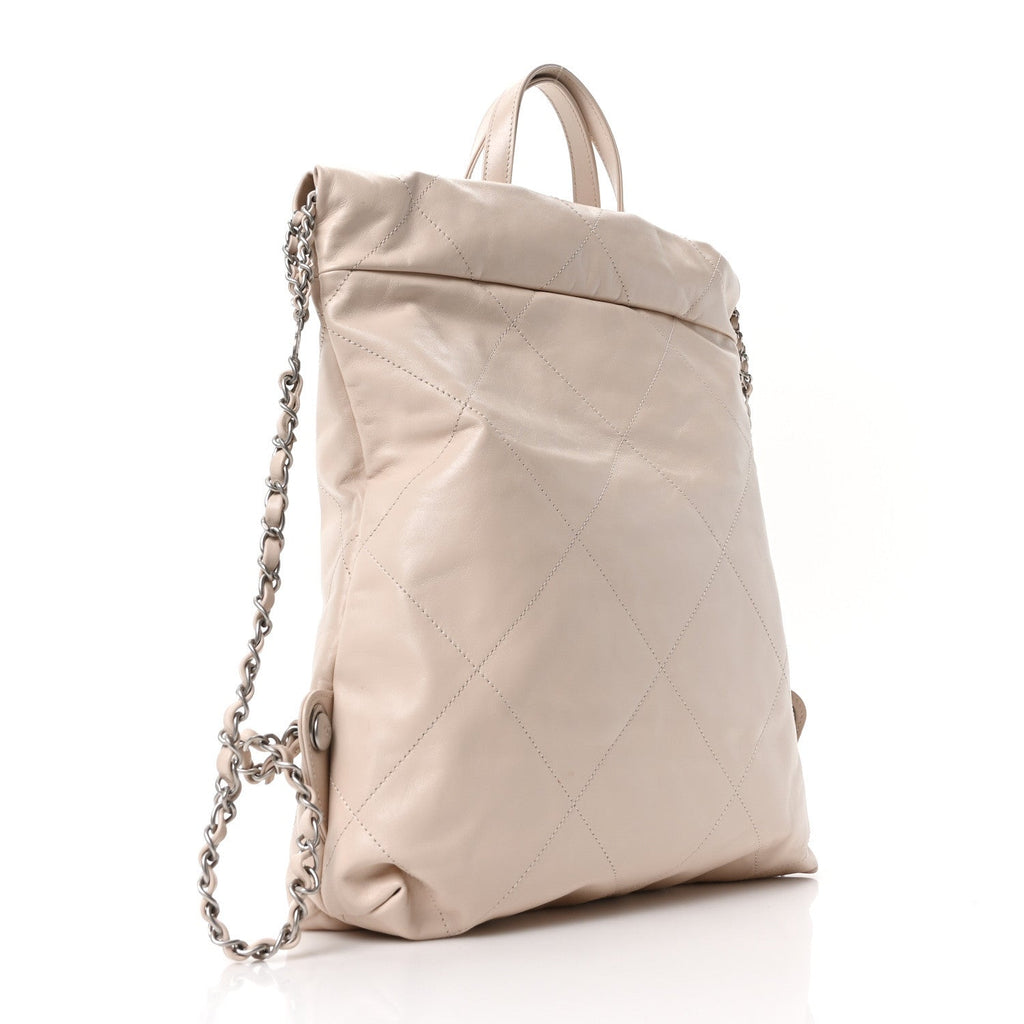 Shiny Calfskin Quilted Chanel 22 Backpack Beige