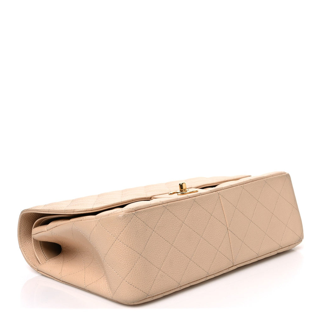 Caviar Quilted Jumbo Double Flap Beige