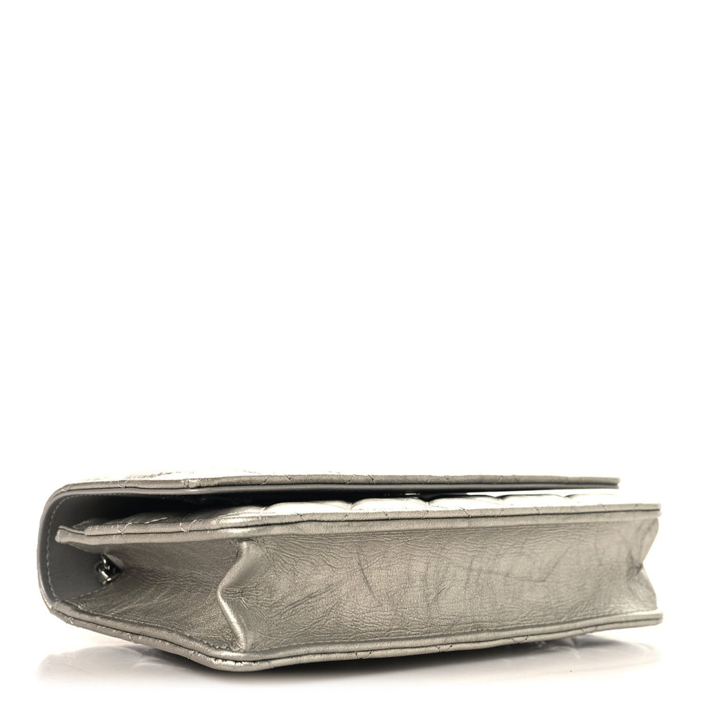 Metallic Crumpled Calfskin Quilted Flap Charm Wallet On Chain WOC Silver