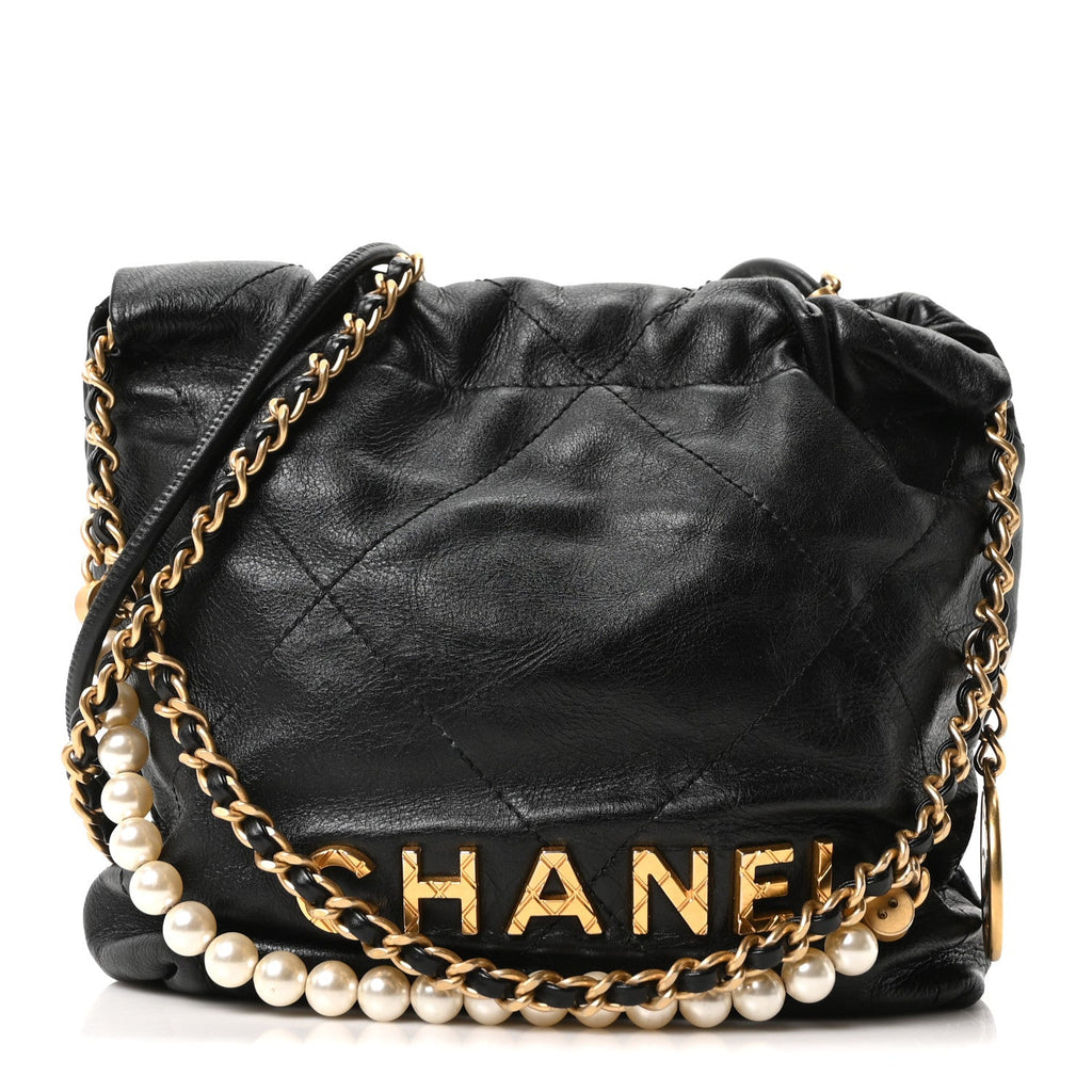 Shiny Crumpled Calfskin Quilted Pearl Mini Chanel 22 Black