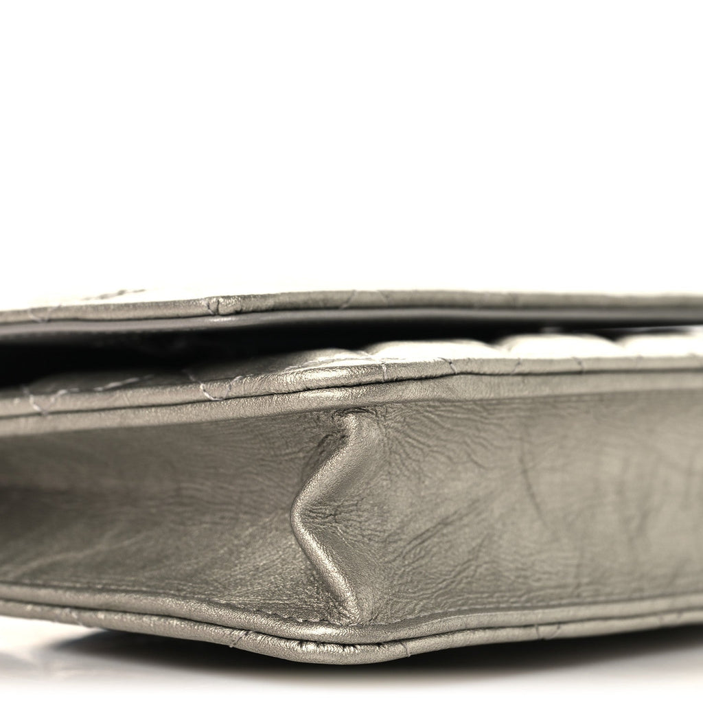 Metallic Crumpled Calfskin Quilted Flap Charm Wallet On Chain WOC Silver