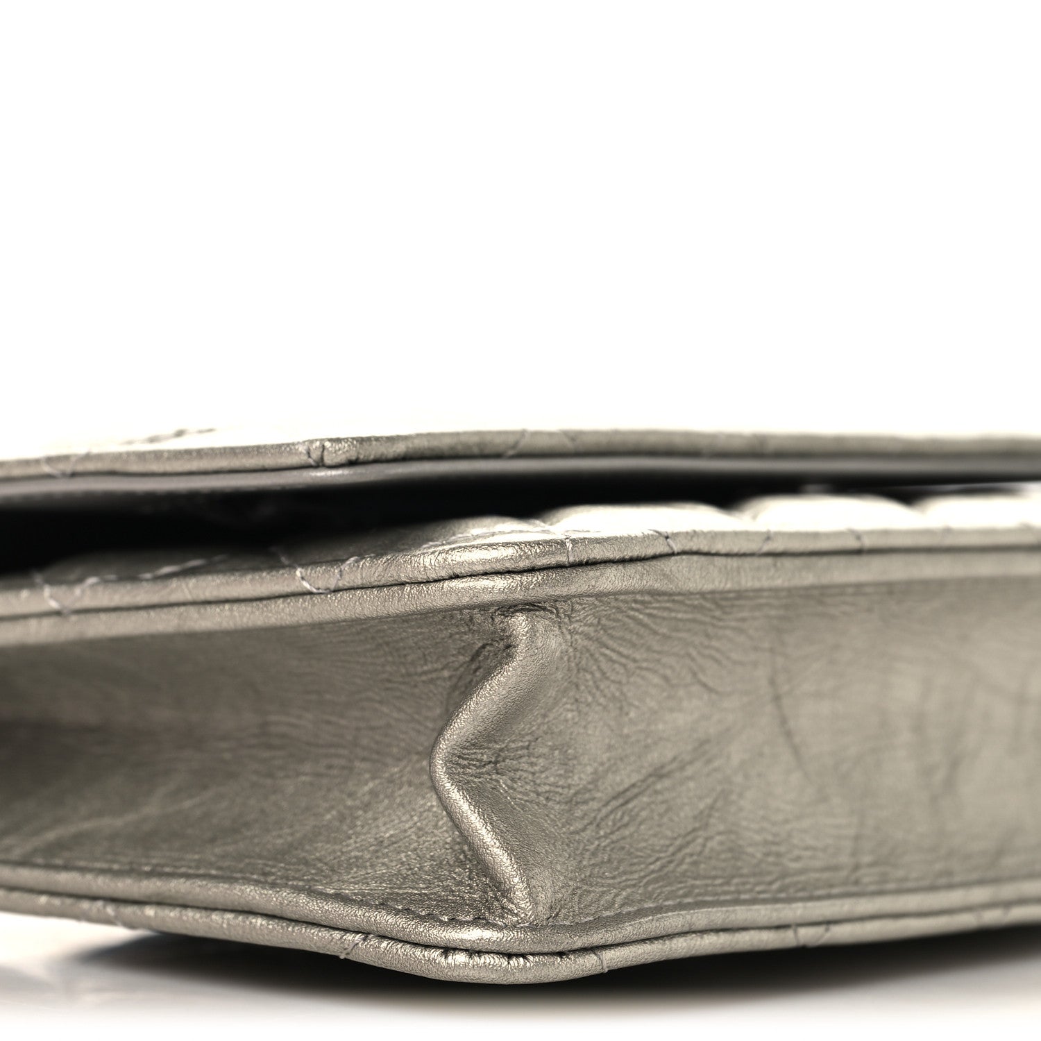 Metallic Crumpled Calfskin Quilted Flap Charm Wallet On Chain WOC Silver