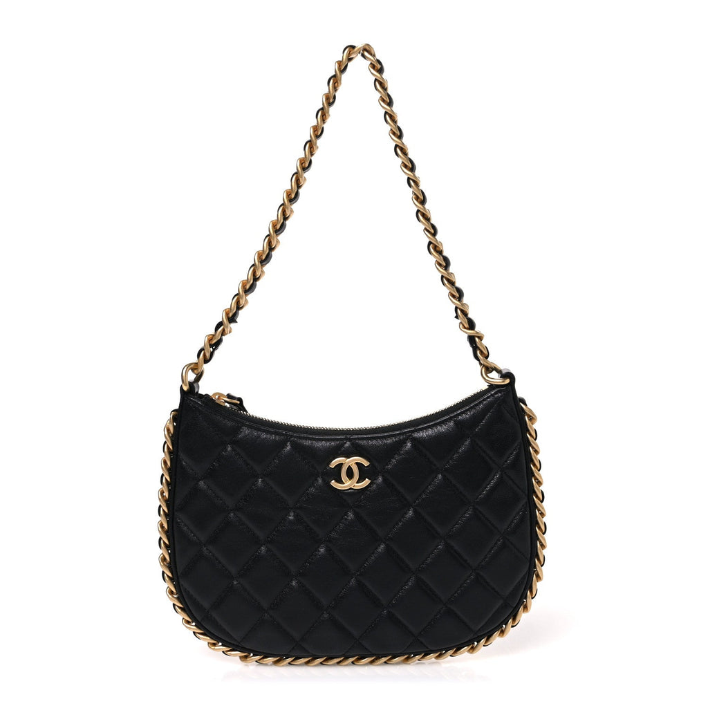 Shiny Crumpled Lambskin Quilted Trendy Chain Around Hobo Black