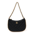 Shiny Crumpled Lambskin Quilted Trendy Chain Around Hobo Black