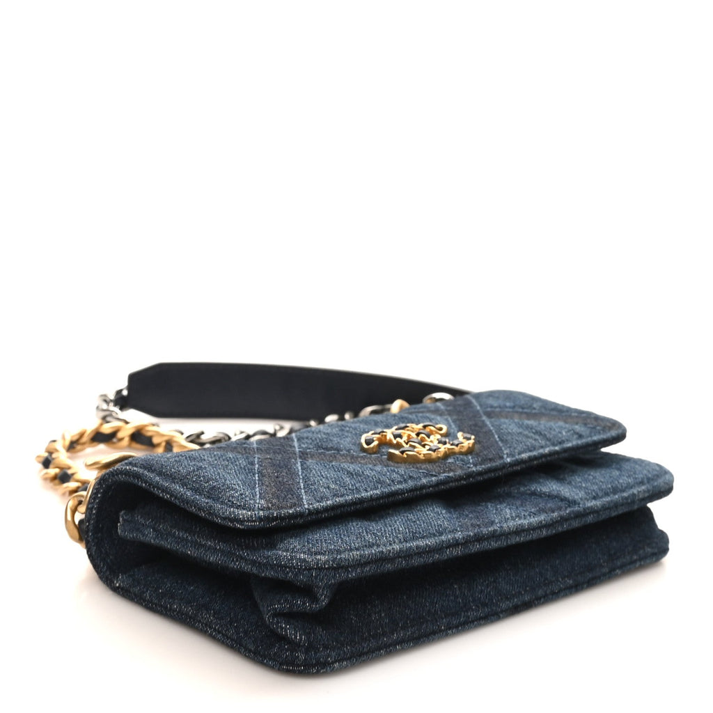 Denim Quilted Chanel 19 Flap Phone Holder With Chain Blue