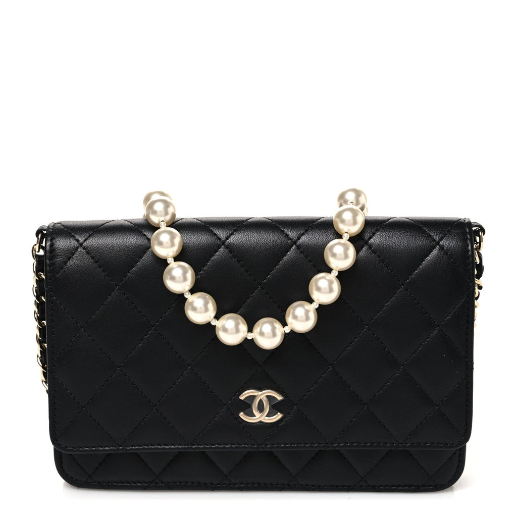 Lambskin Quilted Pearl Wallet On Chain WOC Black